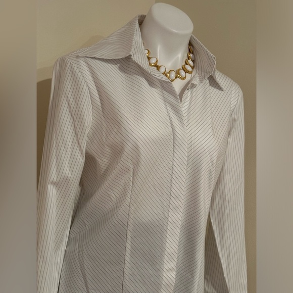 Farinaz Taghavi NWT White Black Stripe Button Down Blouse V Neck Collard… - Picture 3 of 16